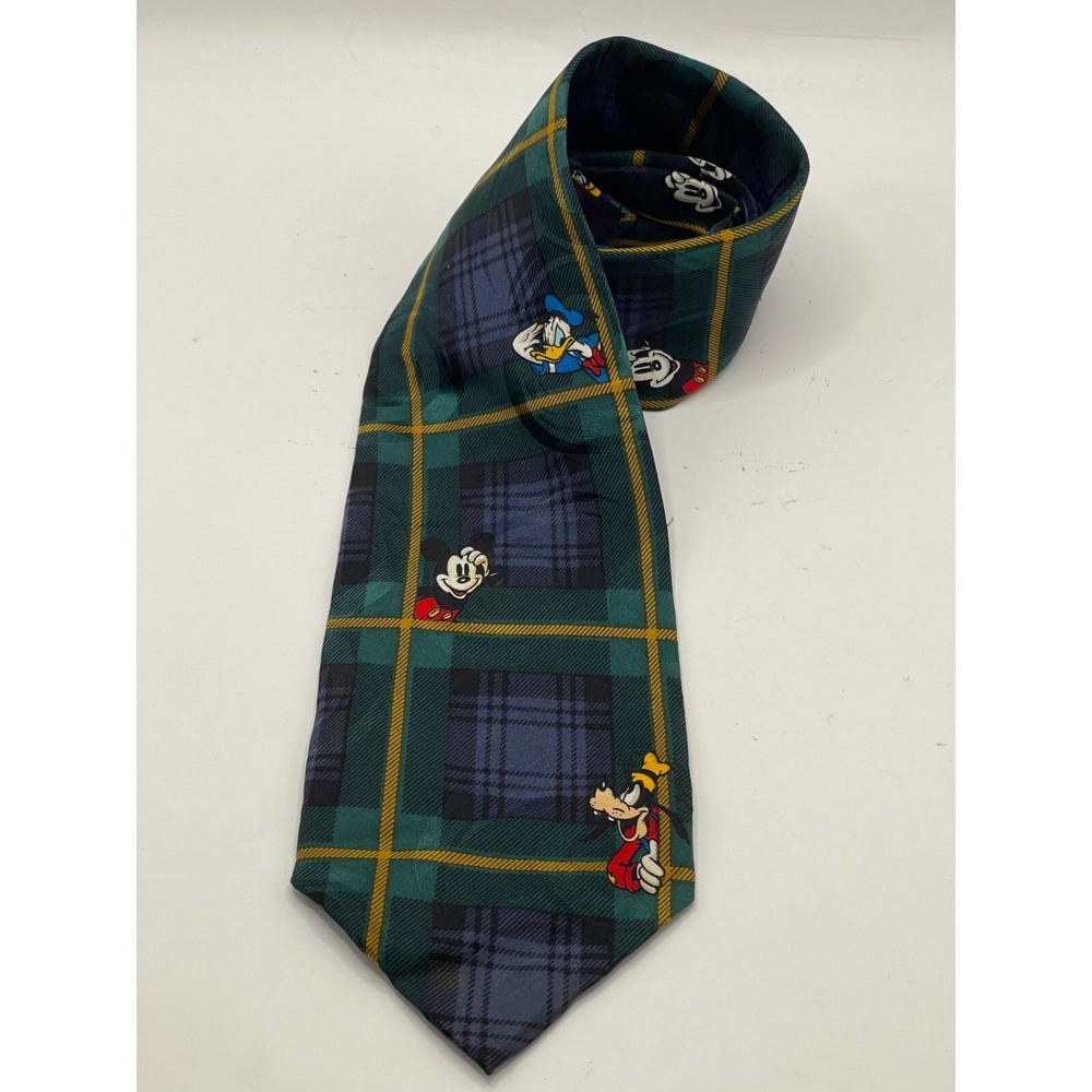 VTG Disney Mickey Inc Men's Necktie Tartan Plaid  Mickey Goofy Donald 100% Silk‎